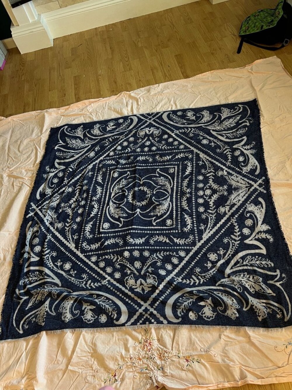 Vera Bradley Blue White Floral Fringe Scarf  54"x54" Dry Clean Only Shawl Soft